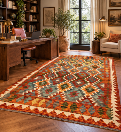 5x7 Fine Quality Handwoven Turkish Kilim Rug – Terracotta Geometric Anatolian Area Rug