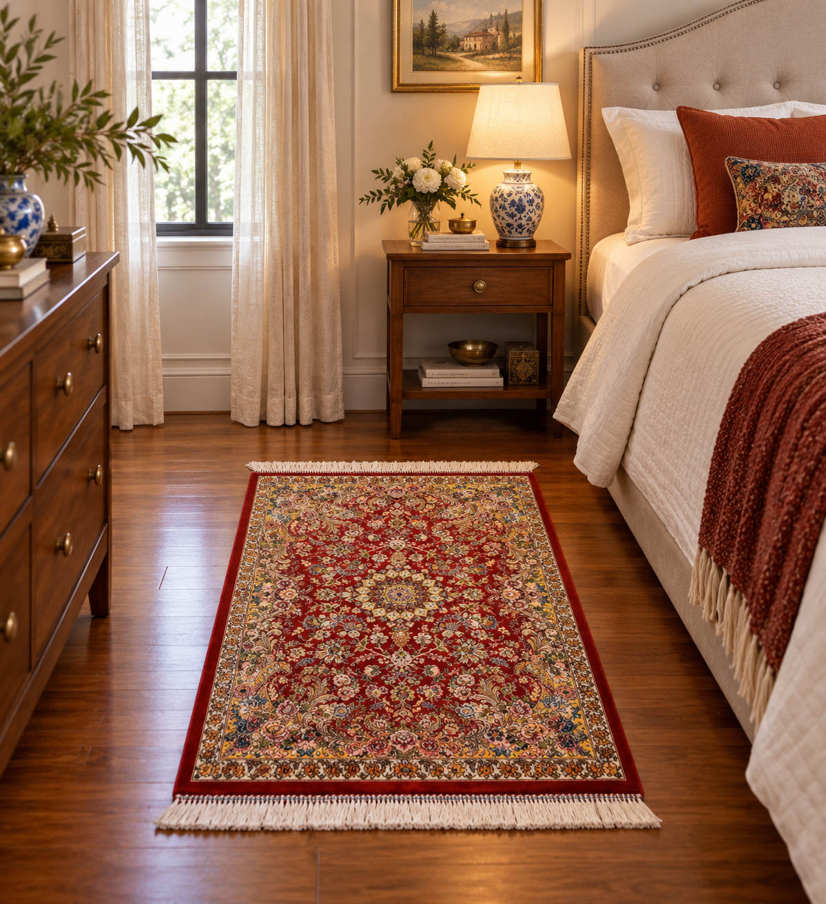 23” × 35” Luxury Turkish Silk Rug – Ruby Red & Gold Floral Medallion, Hereke-Inspired Oriental Accent Rug