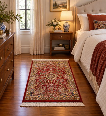 23” × 35” Luxury Turkish Silk Rug – Ruby Red & Gold Floral Medallion, Hereke-Inspired Oriental Accent Rug