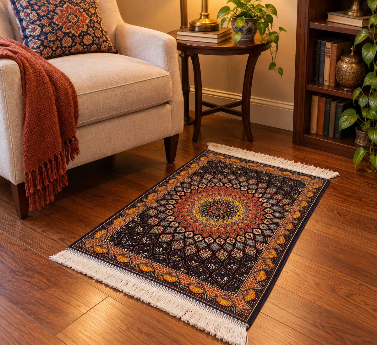 19” x 28” Small Silk Rug – Midnight Blue & Orange Radiant Medallion Accent Rug