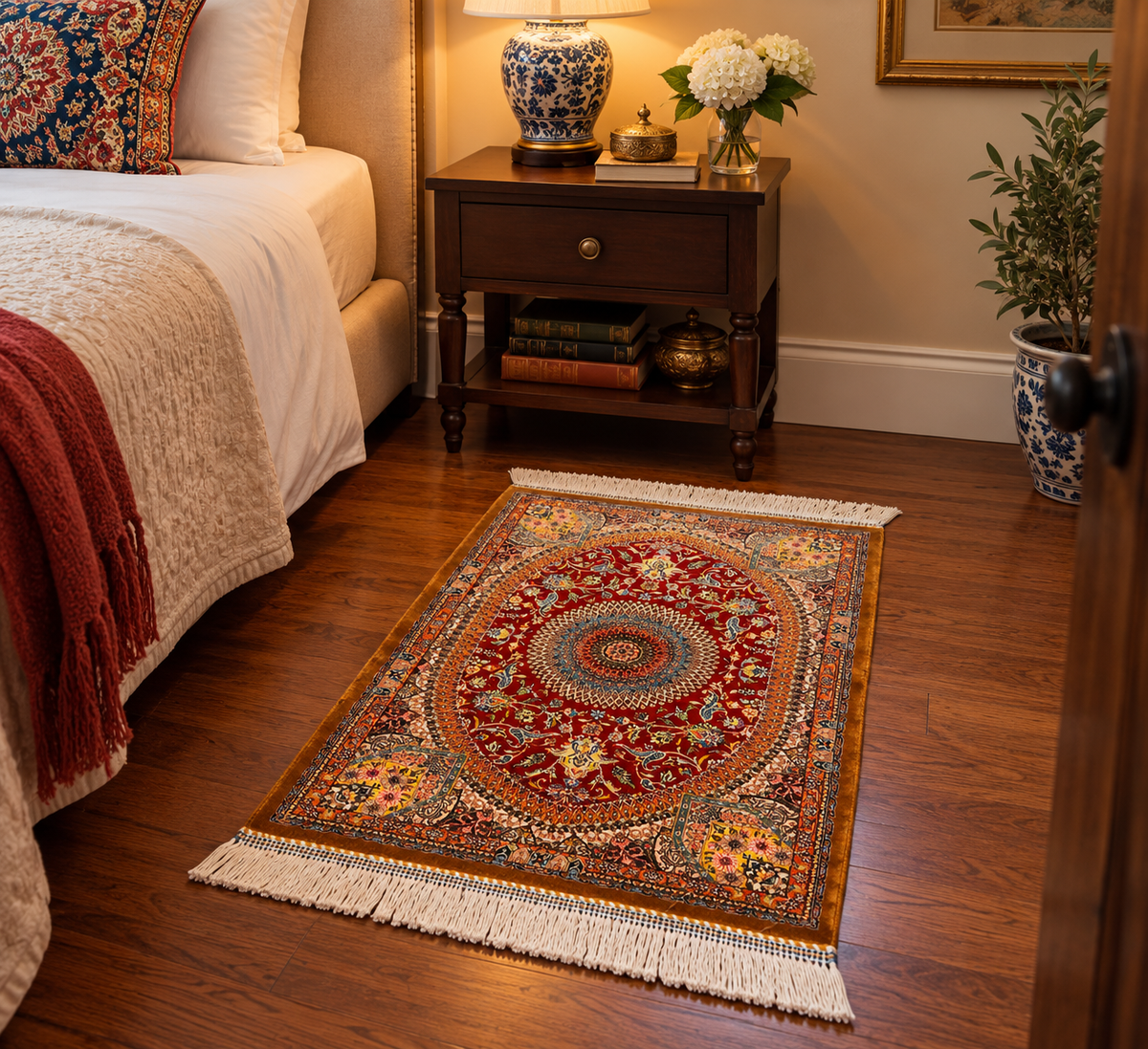19” x 28” Small Silk Rug – Ruby Red Floral Medallion Luxury Accent Rug