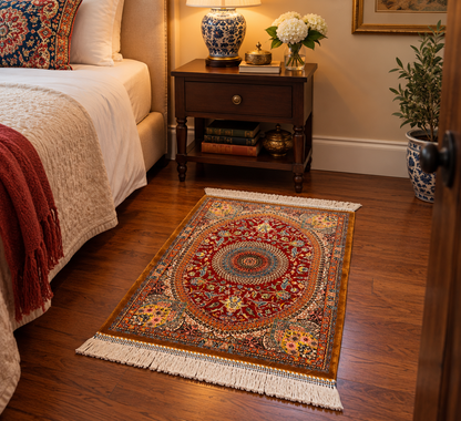 19” x 28” Small Silk Rug – Ruby Red Floral Medallion Luxury Accent Rug