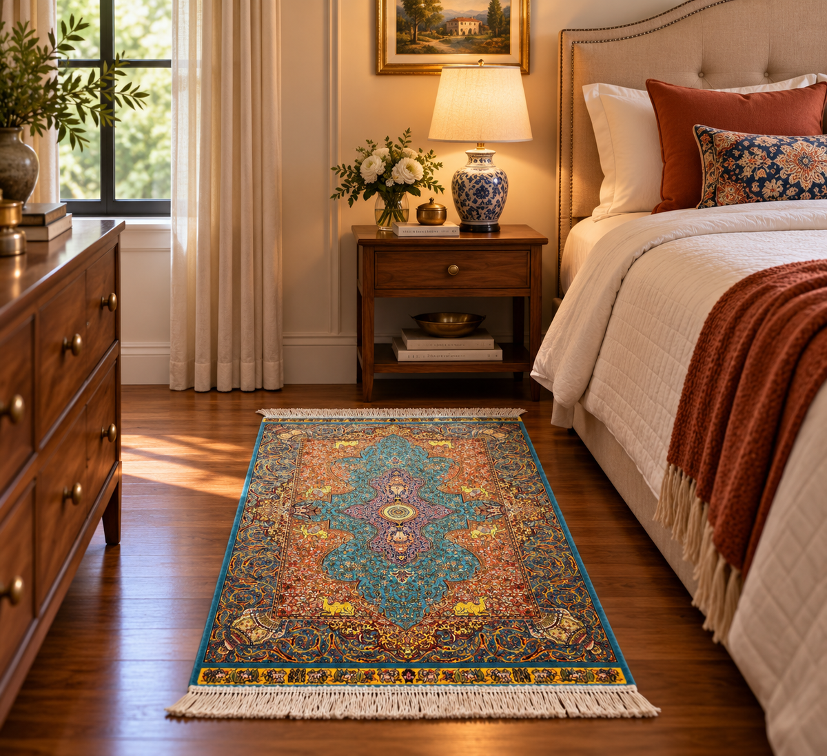 23” × 35” Luxury Turkish Silk Rug – Ivory, Turquoise Blue & Rust Gold Medallion, Hereke-Inspired Oriental Accent Rug