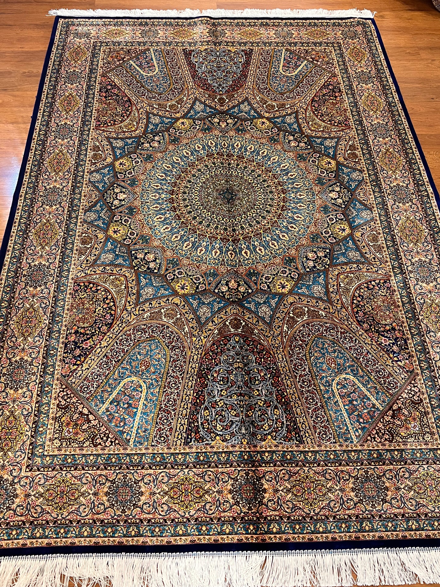 5×8 Bamboo Silk Rug – Turquoise Blue Architectural Medallion Design – Woven in Turkey