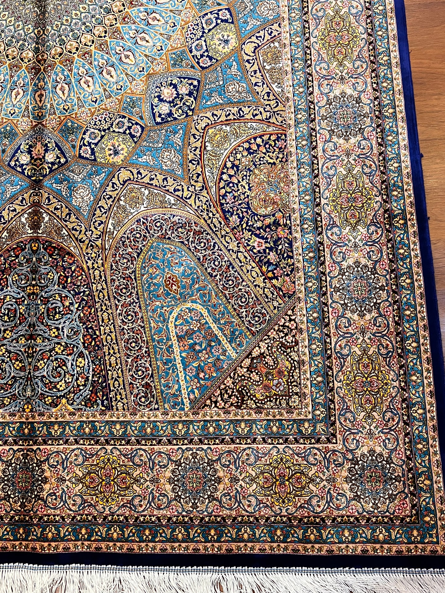 5×8 Bamboo Silk Rug – Turquoise Blue Architectural Medallion Design – Woven in Turkey