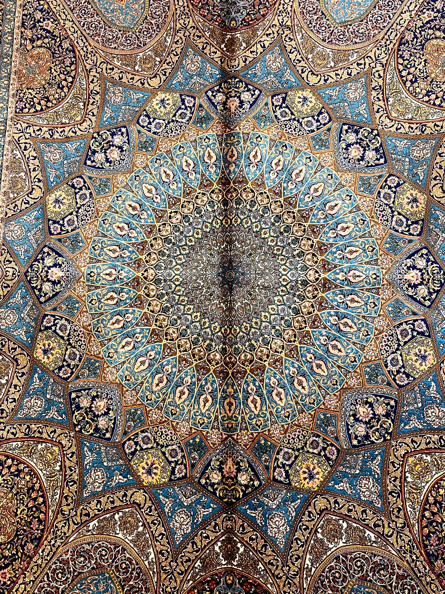 5×8 Bamboo Silk Rug – Turquoise Blue Architectural Medallion Design – Woven in Turkey