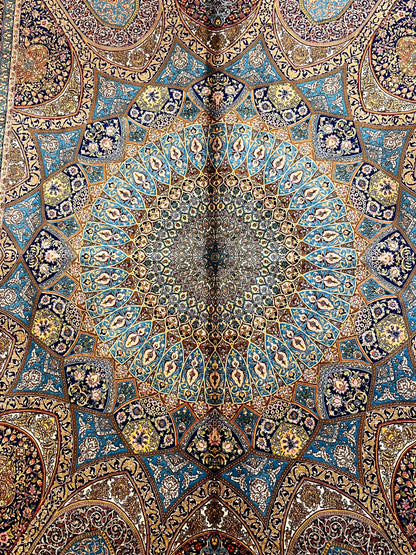 5×8 Bamboo Silk Rug – Turquoise Blue Architectural Medallion Design – Woven in Turkey