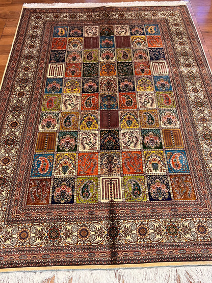 5x8 Bamboo Silk Rug – Multicolor Garden Panel Design – Woven Turkish Area Rug