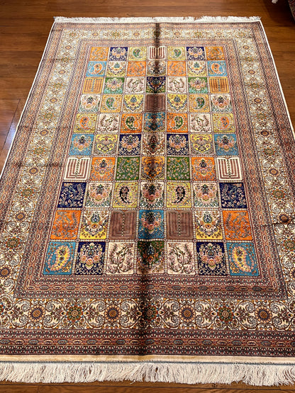 5x8 Bamboo Silk Rug – Multicolor Garden Panel Design – Woven Turkish Area Rug