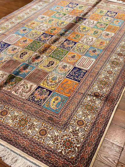 5x8 Bamboo Silk Rug – Multicolor Garden Panel Design – Woven Turkish Area Rug