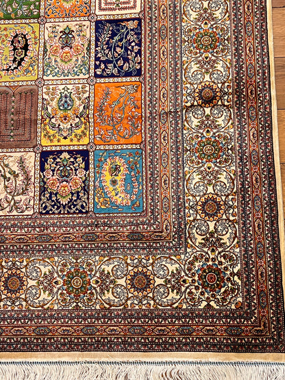 5x8 Bamboo Silk Rug – Multicolor Garden Panel Design – Woven Turkish Area Rug