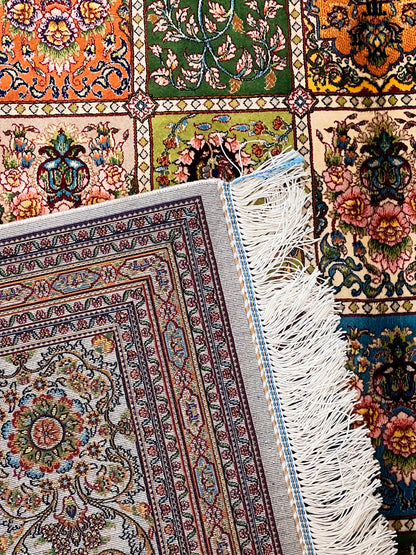 5x8 Bamboo Silk Rug – Multicolor Garden Panel Design – Woven Turkish Area Rug