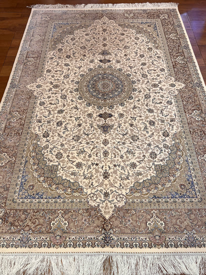 5x8 Luxury Ivory & Beige Bamboo Silk Rug – Ornate Floral Medallion Design – Elegant Turkish Area Rug