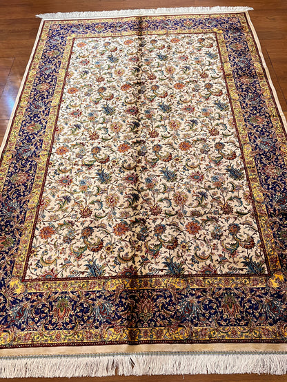 5x8 Luxury Ivory & Navy Bamboo Silk Rug – Intricate All-Over Floral Design – Elegant Turkish Area Rug