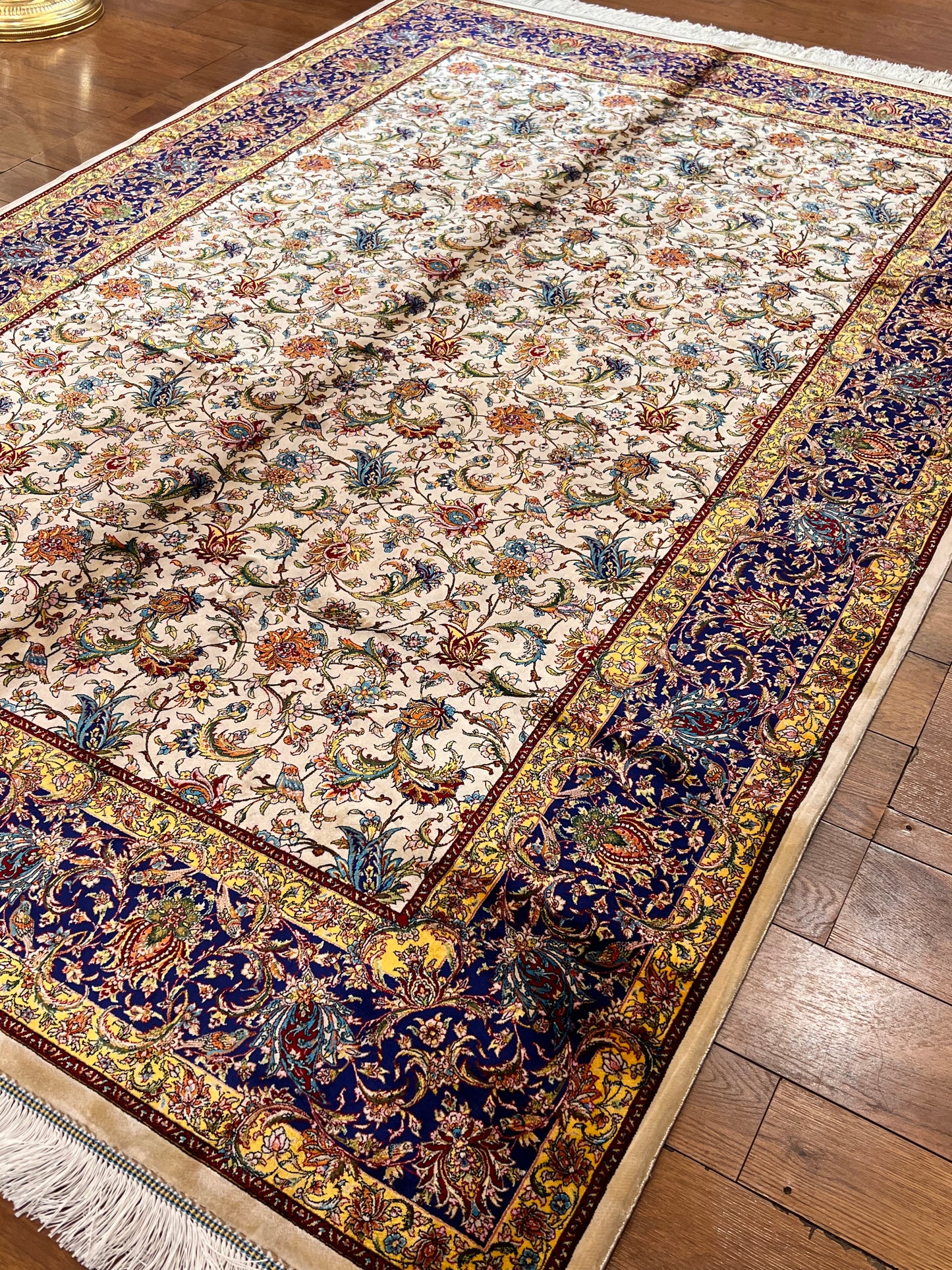 5x8 Luxury Ivory & Navy Bamboo Silk Rug – Intricate All-Over Floral Design – Elegant Turkish Area Rug