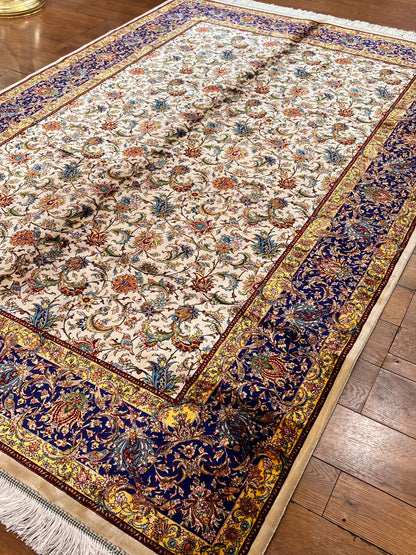 5x8 Luxury Ivory & Navy Bamboo Silk Rug – Intricate All-Over Floral Design – Elegant Turkish Area Rug