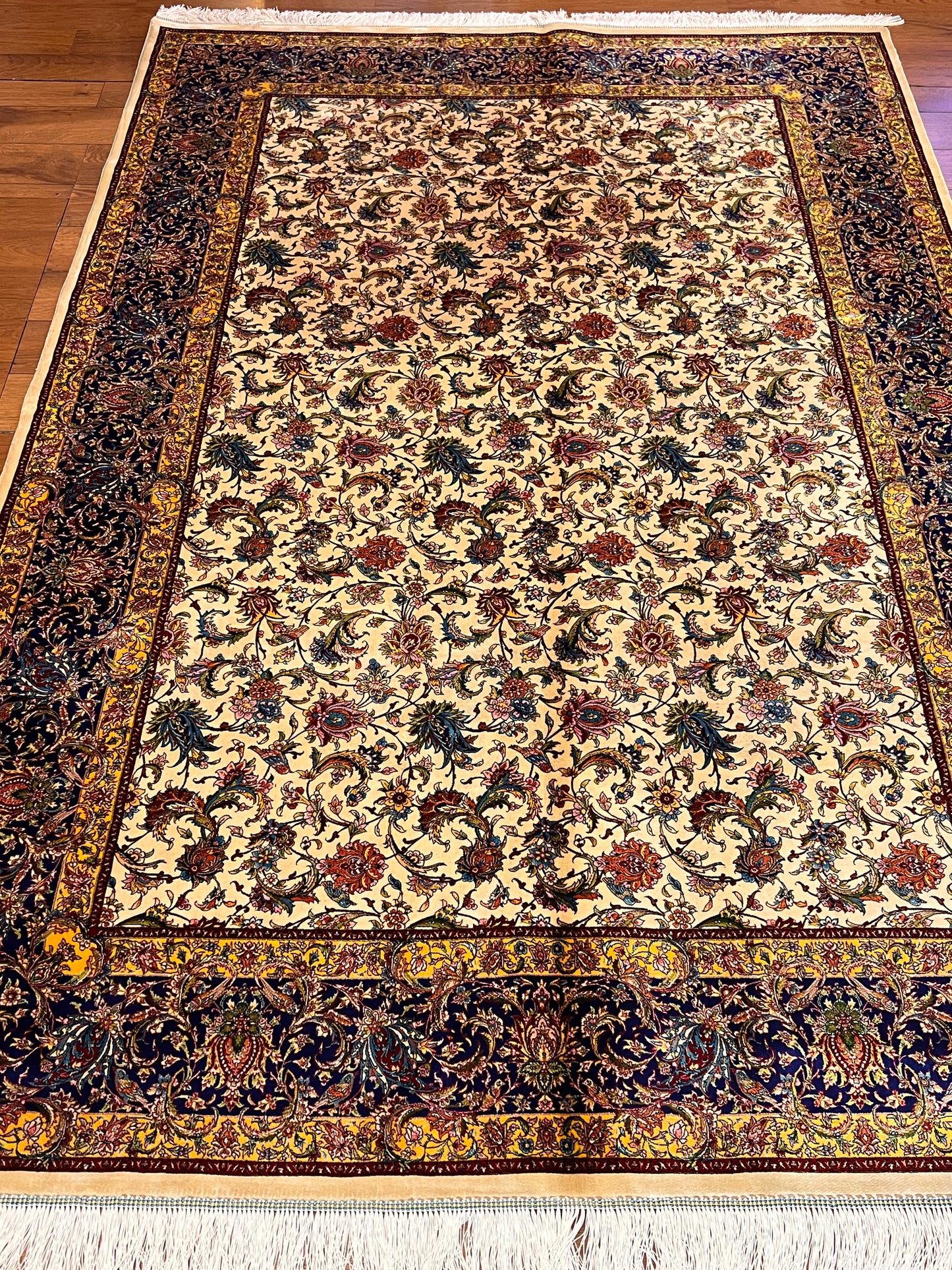 5x8 Luxury Ivory & Navy Bamboo Silk Rug – Intricate All-Over Floral Design – Elegant Turkish Area Rug