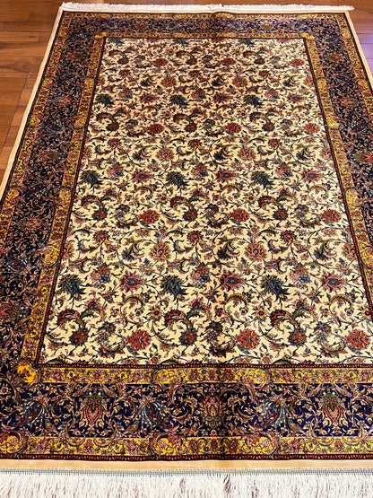 5x8 Luxury Ivory & Navy Bamboo Silk Rug – Intricate All-Over Floral Design – Elegant Turkish Area Rug