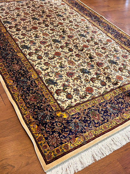 5x8 Luxury Ivory & Navy Bamboo Silk Rug – Intricate All-Over Floral Design – Elegant Turkish Area Rug