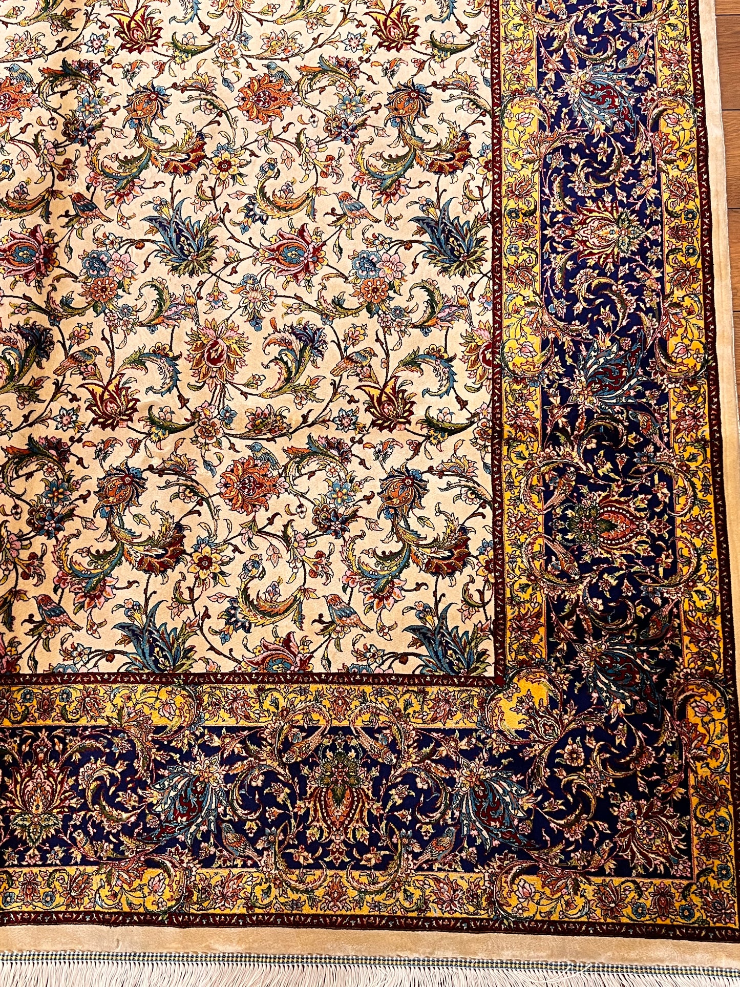 5x8 Luxury Ivory & Navy Bamboo Silk Rug – Intricate All-Over Floral Design – Elegant Turkish Area Rug