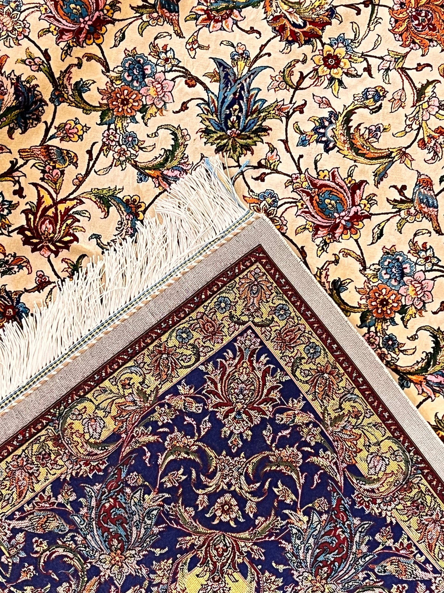 5x8 Luxury Ivory & Navy Bamboo Silk Rug – Intricate All-Over Floral Design – Elegant Turkish Area Rug