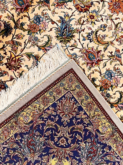 5x8 Luxury Ivory & Navy Bamboo Silk Rug – Intricate All-Over Floral Design – Elegant Turkish Area Rug
