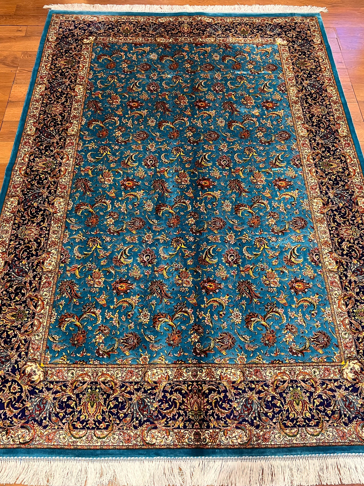 5x8 Luxury Turquoise Bamboo Silk Rug – Intricate All-Over Floral Design with Navy Border – Elegant Turkish Statement Area Rug