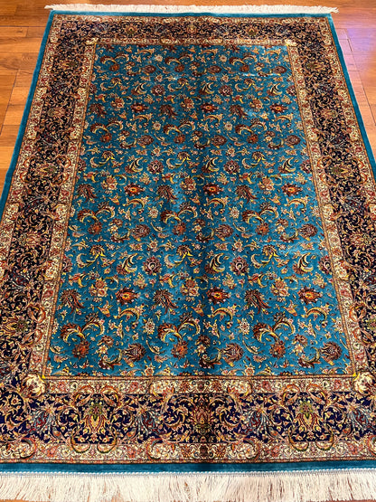 5x8 Luxury Turquoise Bamboo Silk Rug – Intricate All-Over Floral Design with Navy Border – Elegant Turkish Statement Area Rug