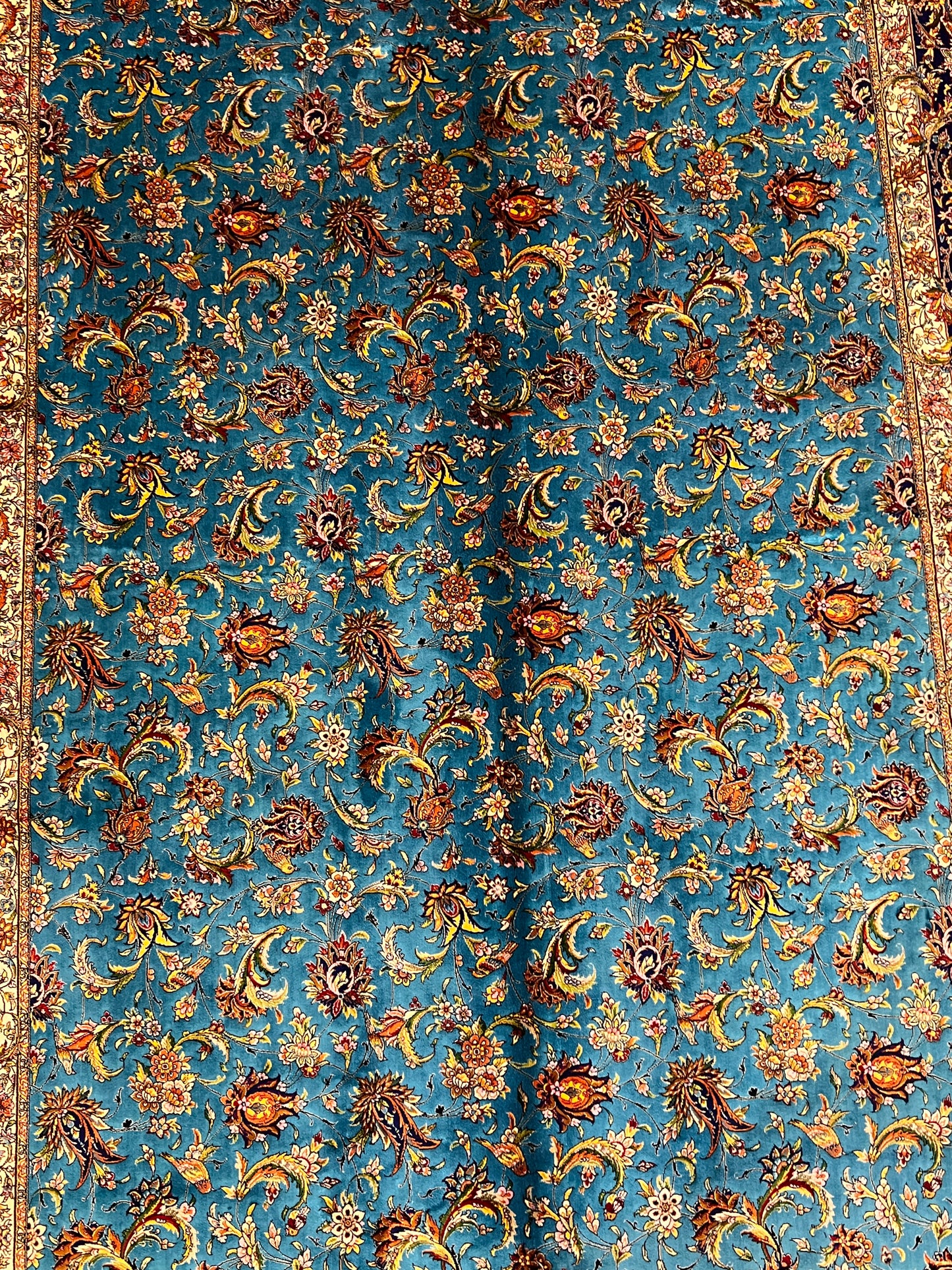 5x8 Luxury Turquoise Bamboo Silk Rug – Intricate All-Over Floral Design with Navy Border – Elegant Turkish Statement Area Rug
