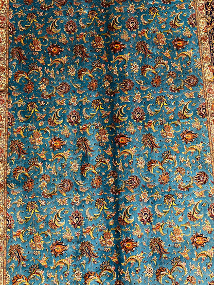 5x8 Luxury Turquoise Bamboo Silk Rug – Intricate All-Over Floral Design with Navy Border – Elegant Turkish Statement Area Rug