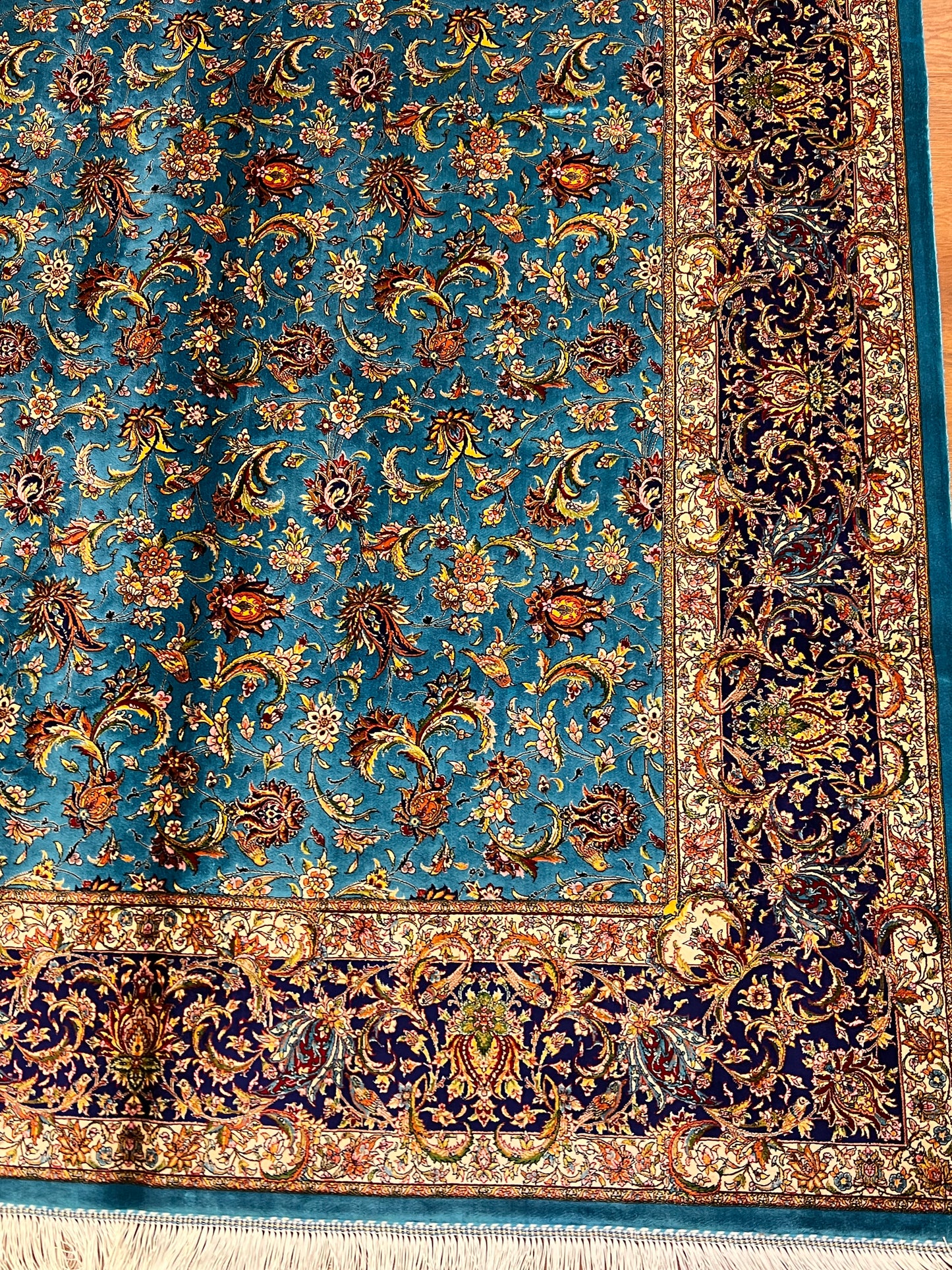 5x8 Luxury Turquoise Bamboo Silk Rug – Intricate All-Over Floral Design with Navy Border – Elegant Turkish Statement Area Rug