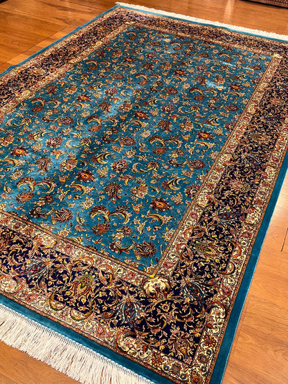 5x8 Luxury Turquoise Bamboo Silk Rug – Intricate All-Over Floral Design with Navy Border – Elegant Turkish Statement Area Rug
