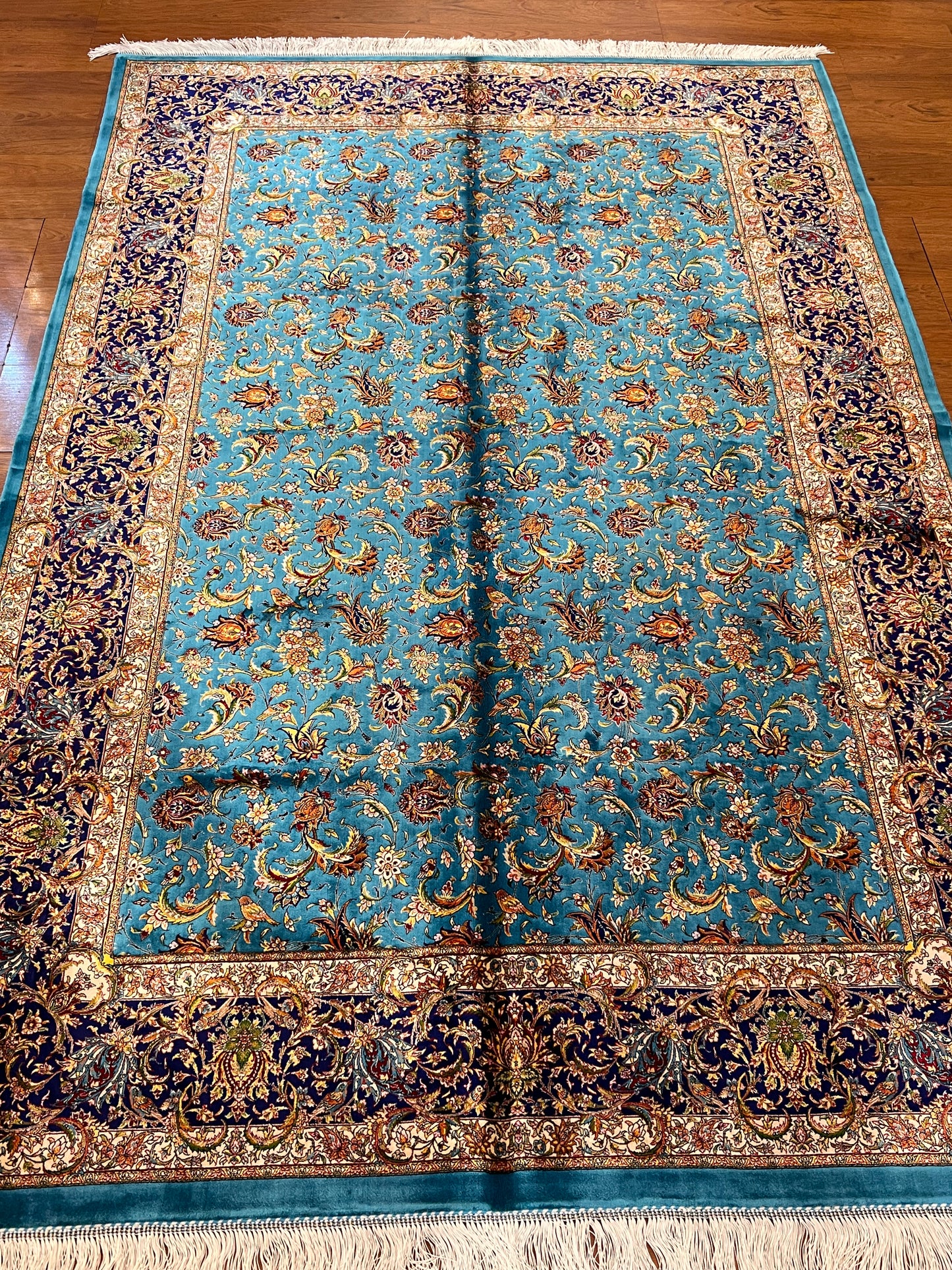 5x8 Luxury Turquoise Bamboo Silk Rug – Intricate All-Over Floral Design with Navy Border – Elegant Turkish Statement Area Rug