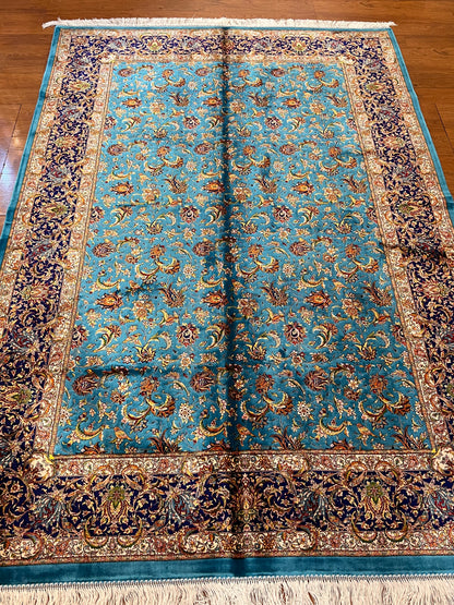 5x8 Luxury Turquoise Bamboo Silk Rug – Intricate All-Over Floral Design with Navy Border – Elegant Turkish Statement Area Rug
