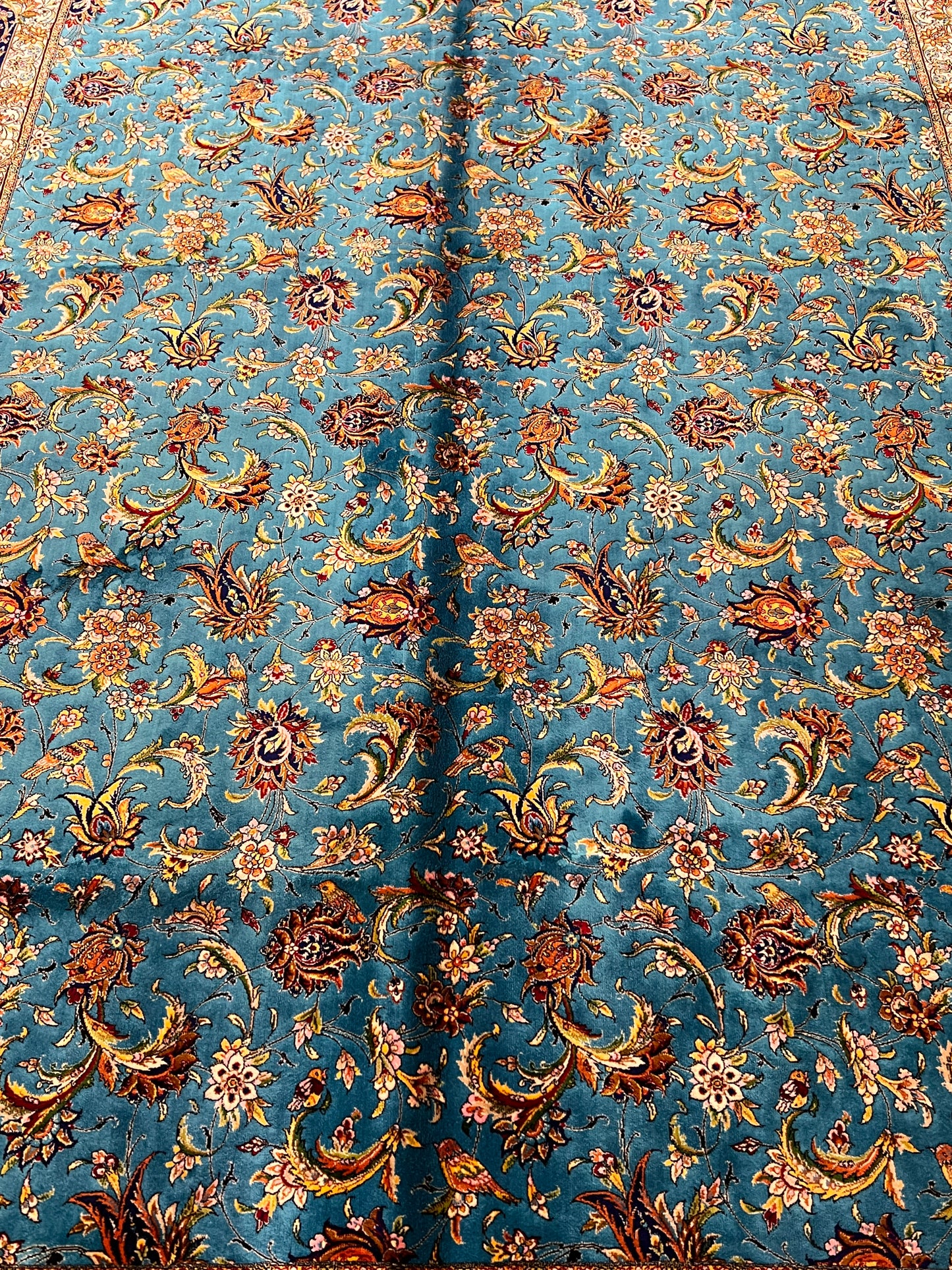 5x8 Luxury Turquoise Bamboo Silk Rug – Intricate All-Over Floral Design with Navy Border – Elegant Turkish Statement Area Rug