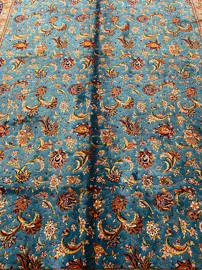 5x8 Luxury Turquoise Bamboo Silk Rug – Intricate All-Over Floral Design with Navy Border – Elegant Turkish Statement Area Rug