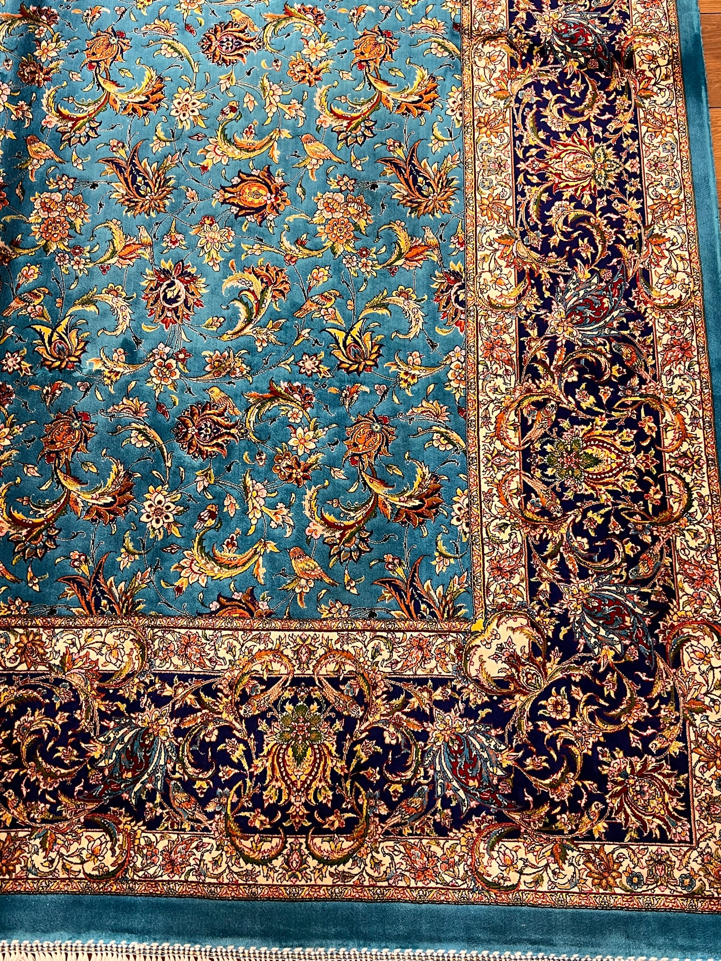 5x8 Luxury Turquoise Bamboo Silk Rug – Intricate All-Over Floral Design with Navy Border – Elegant Turkish Statement Area Rug