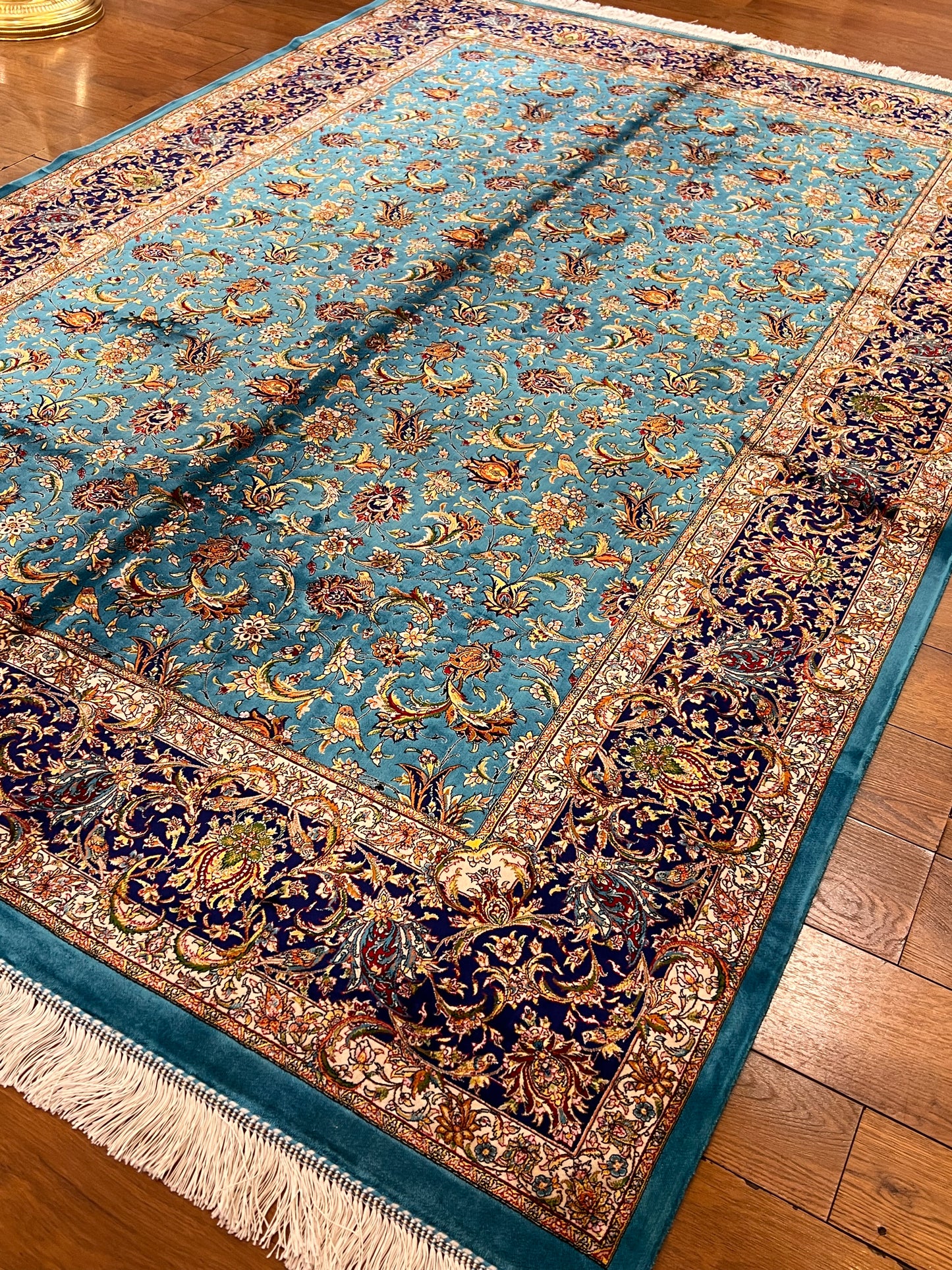 5x8 Luxury Turquoise Bamboo Silk Rug – Intricate All-Over Floral Design with Navy Border – Elegant Turkish Statement Area Rug