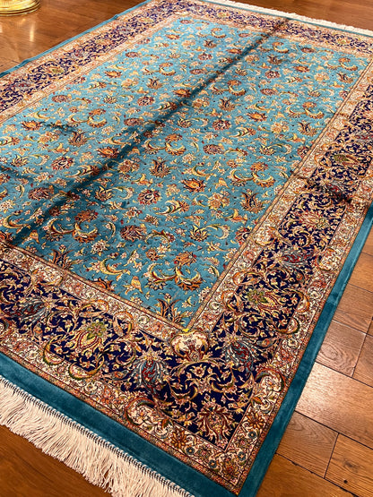 5x8 Luxury Turquoise Bamboo Silk Rug – Intricate All-Over Floral Design with Navy Border – Elegant Turkish Statement Area Rug