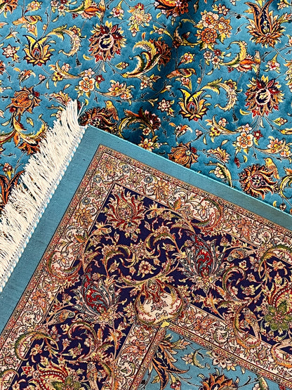 5x8 Luxury Turquoise Bamboo Silk Rug – Intricate All-Over Floral Design with Navy Border – Elegant Turkish Statement Area Rug