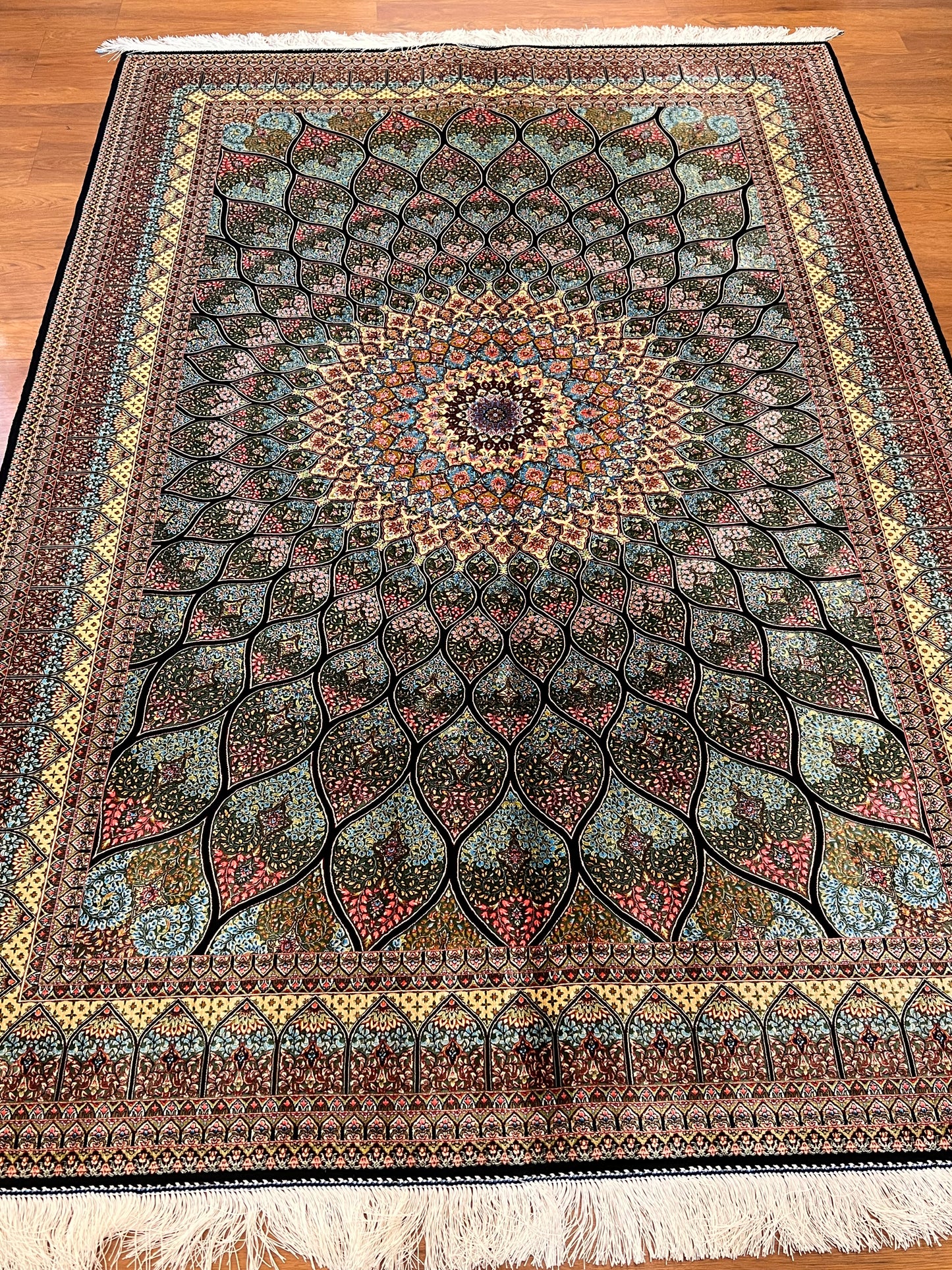 5x8 Luxury Sage Green Bamboo Silk Rug – Grand Radiating Floral Medallion Design – Elegant Turkish Statement Rug