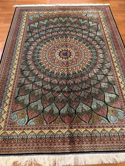 5x8 Luxury Sage Green Bamboo Silk Rug – Grand Radiating Floral Medallion Design – Elegant Turkish Statement Rug