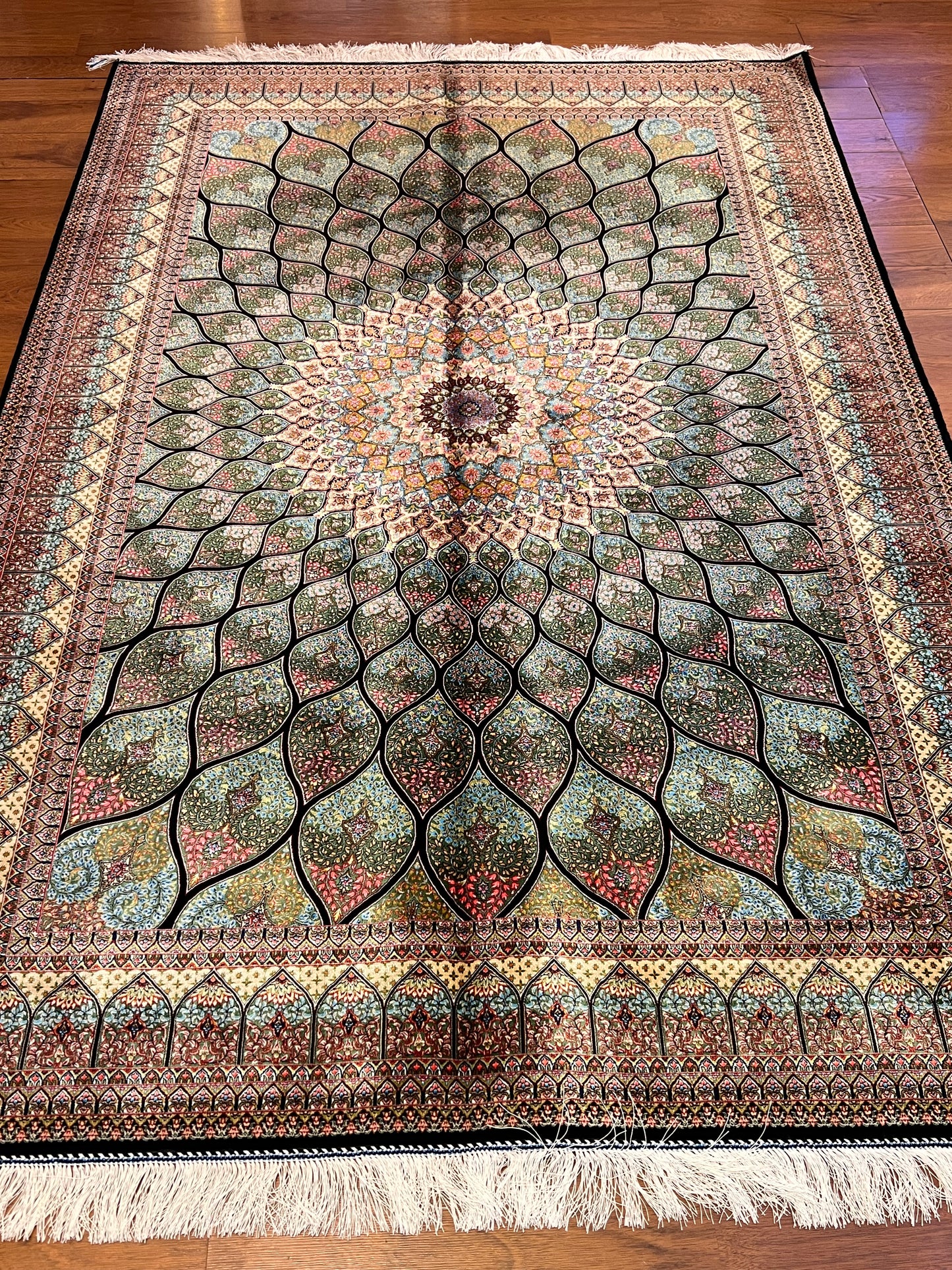 5x8 Luxury Sage Green Bamboo Silk Rug – Grand Radiating Floral Medallion Design – Elegant Turkish Statement Rug