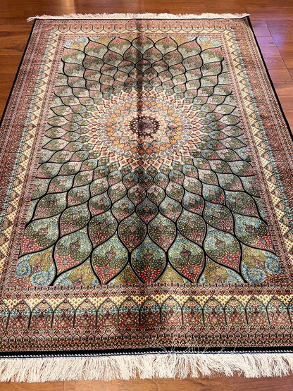 5x8 Luxury Sage Green Bamboo Silk Rug – Grand Radiating Floral Medallion Design – Elegant Turkish Statement Rug
