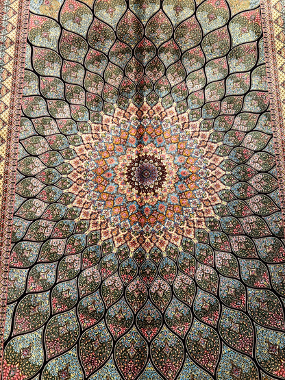 5x8 Luxury Sage Green Bamboo Silk Rug – Grand Radiating Floral Medallion Design – Elegant Turkish Statement Rug