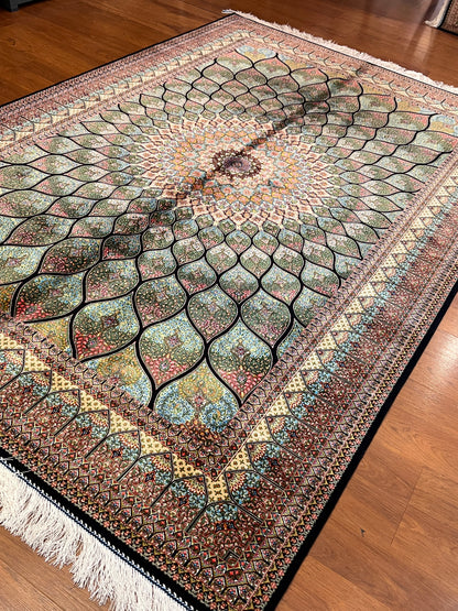 5x8 Luxury Sage Green Bamboo Silk Rug – Grand Radiating Floral Medallion Design – Elegant Turkish Statement Rug