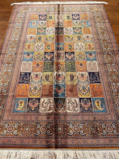 5x8 Luxury Bamboo Silk Rug – Multicolor Garden Panel Floral Design – Ornate Turkish Statement Area Rug