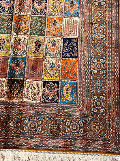 5x8 Luxury Bamboo Silk Rug – Multicolor Garden Panel Floral Design – Ornate Turkish Statement Area Rug