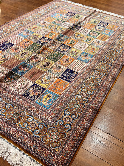 5x8 Luxury Bamboo Silk Rug – Multicolor Garden Panel Floral Design – Ornate Turkish Statement Area Rug