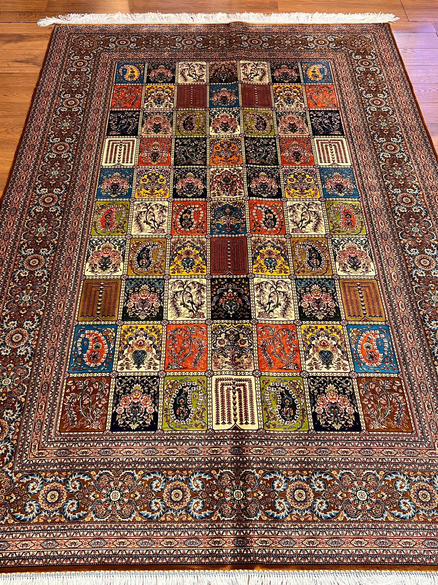 5x8 Luxury Bamboo Silk Rug – Multicolor Garden Panel Floral Design – Ornate Turkish Statement Area Rug
